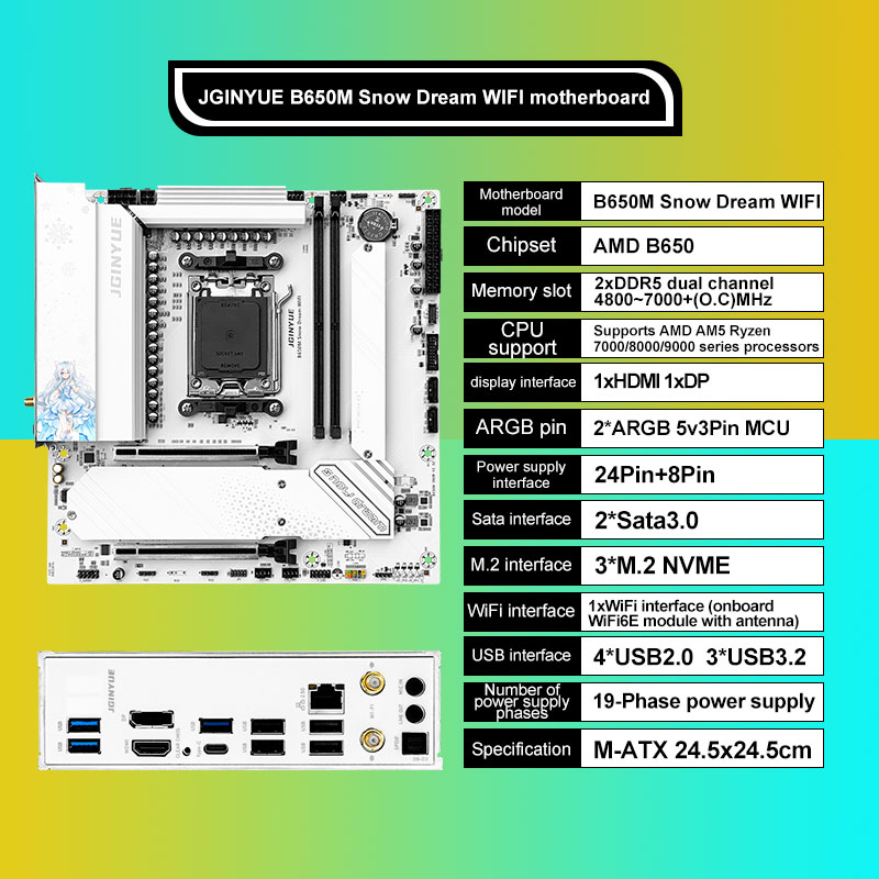 JGINYUE B650M Snow Dream WIFI  – обзор и цена Am5 Micro Atx Pcie 5.0 Motherboard